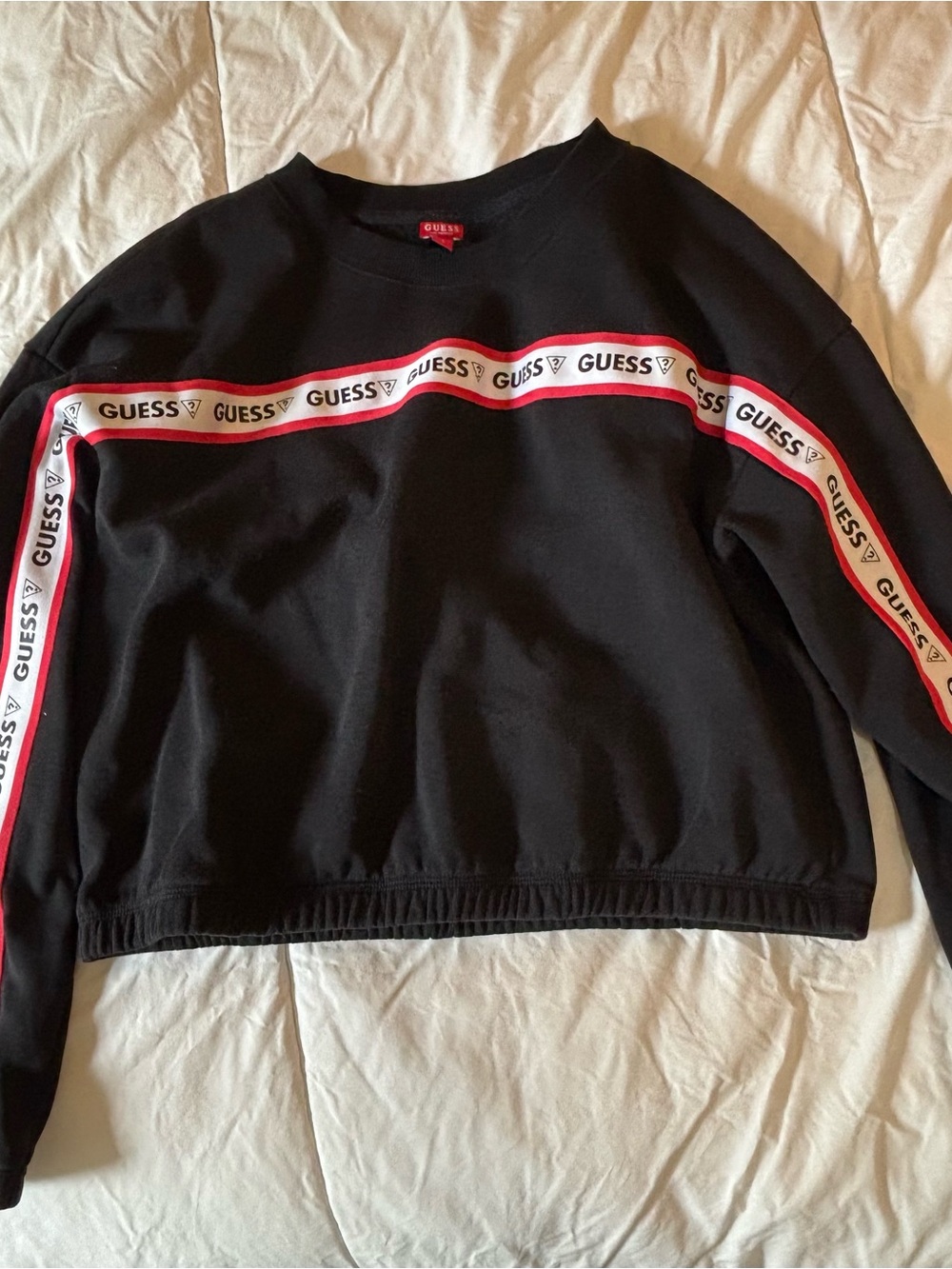 Guess Black Cropped Sweatshirt with Red & White Logo Tape - Picture 3 of 9